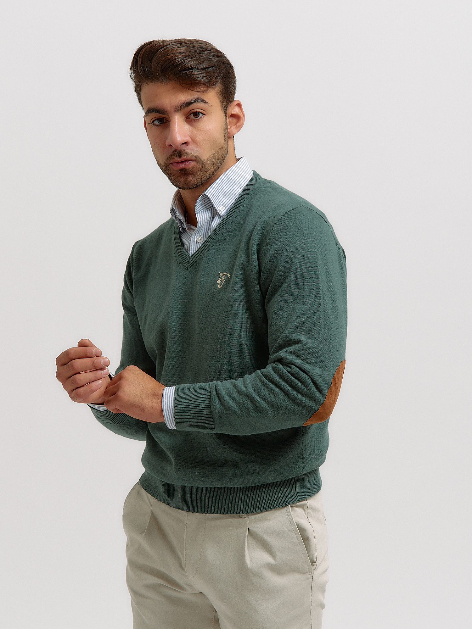 Men's v neck sweater with elbow patches sale