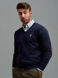 V-neck sweater with elbow patch | Marino