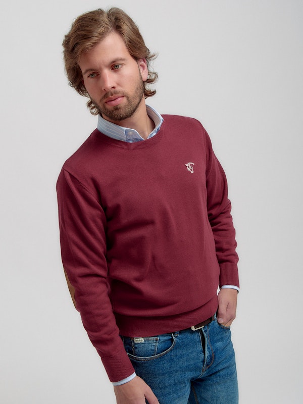 Round neck sweater wilth elbow patches | Burgundy
