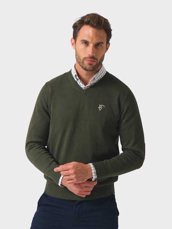 V-neck sweater with elbow patch | Caza