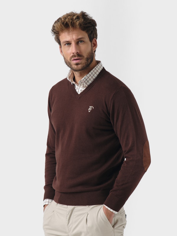 V-neck sweater with elbow patch | Moka