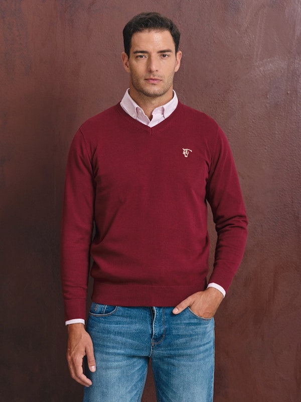 V-neck sweater with elbow patch | Burgundy