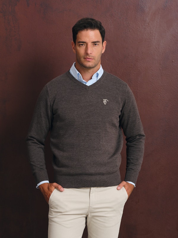 V-Neck Sweater with Elbow Patches Melange | Carbón