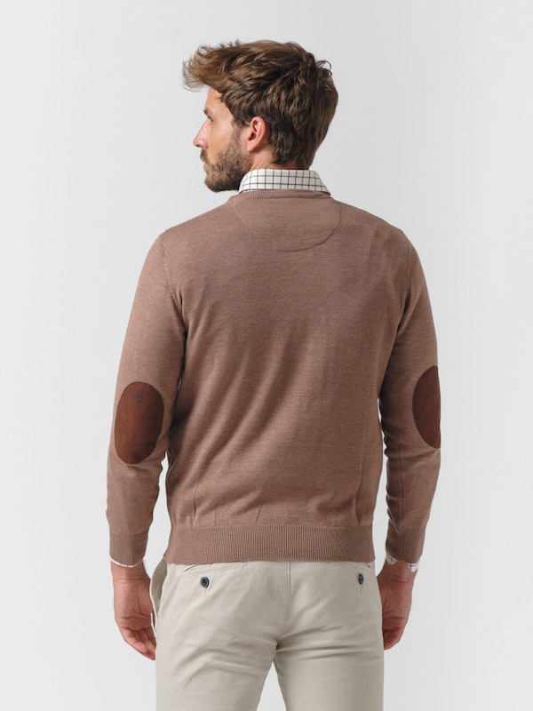 Suéter Gola V com Cotoveleiras Melange | Taupe