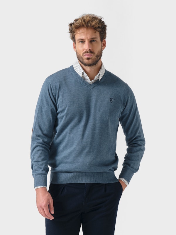 V-Neck Sweater with Elbow Patches Melange | Cobalt