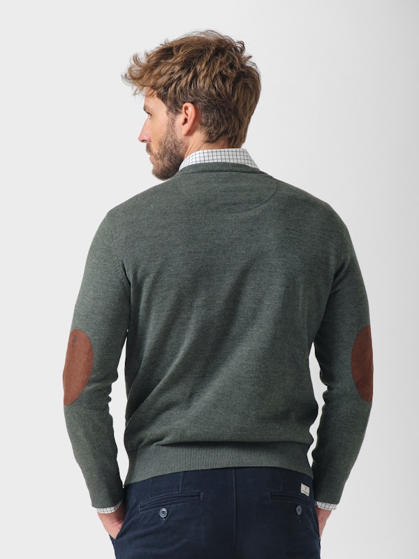 Suéter Gola V com Cotoveleiras Melange | Abeto