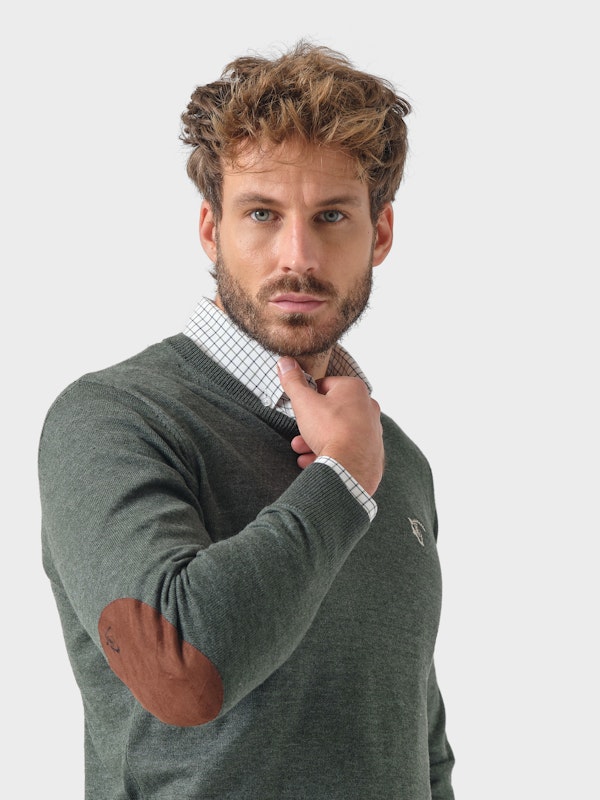 Suéter Gola V com Cotoveleiras Melange | Abeto