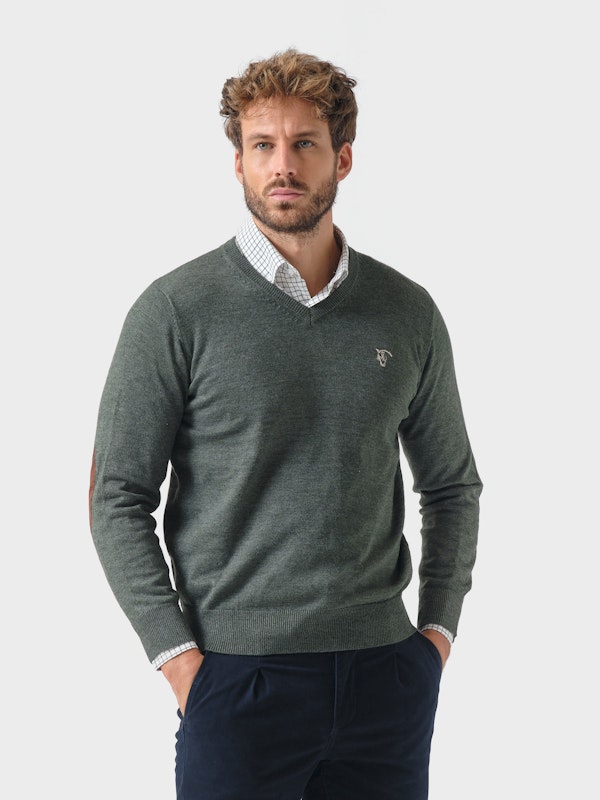Suéter Gola V com Cotoveleiras Melange | Abeto