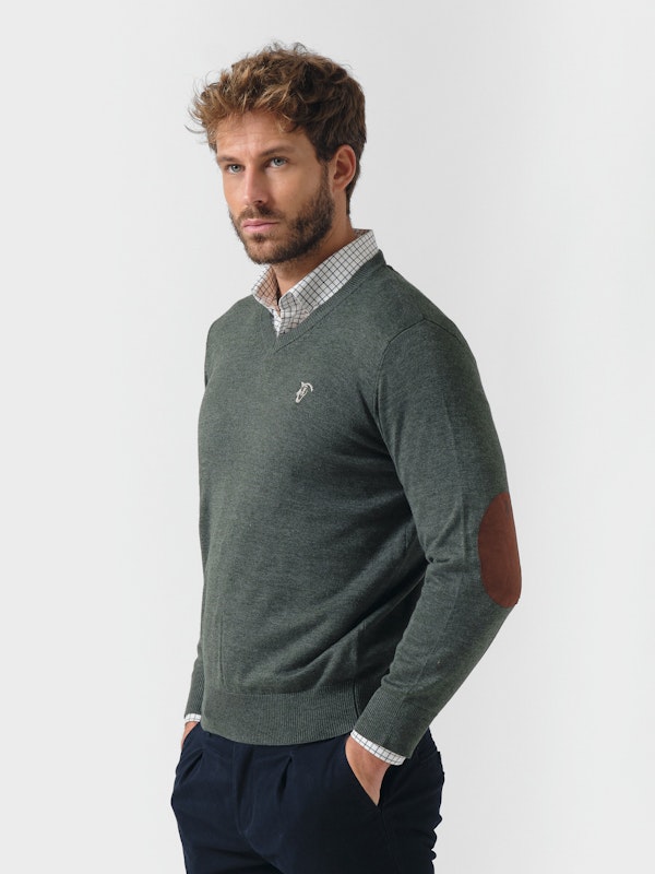 Pull Col V avec Coudières Melange | Abeto