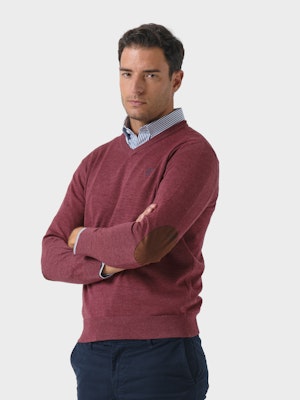 V-Neck Sweater with Elbow Patches Melange | Burgundy