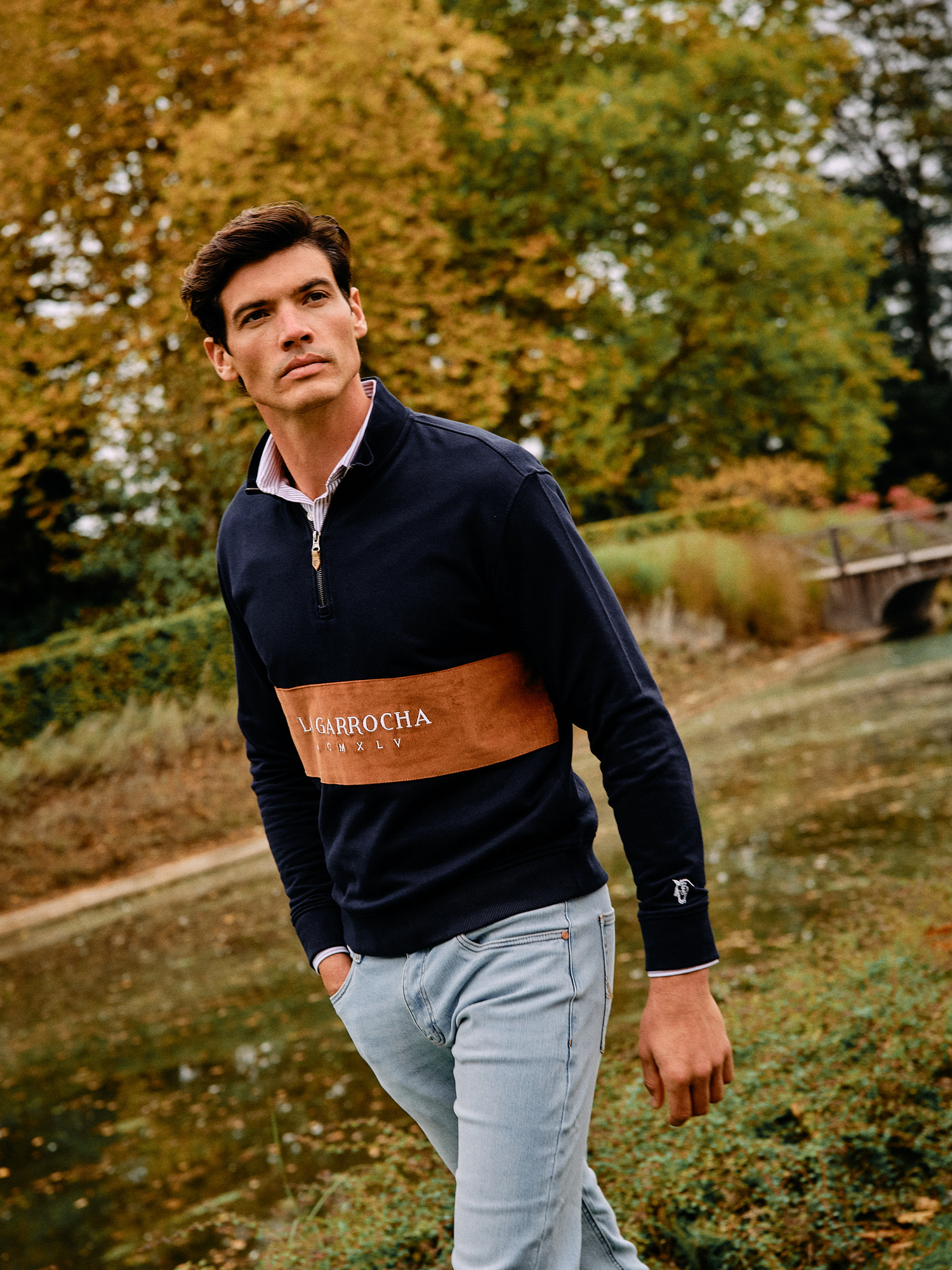 Sweatshirt com meio zíper e faixa de Microveludo | Marino