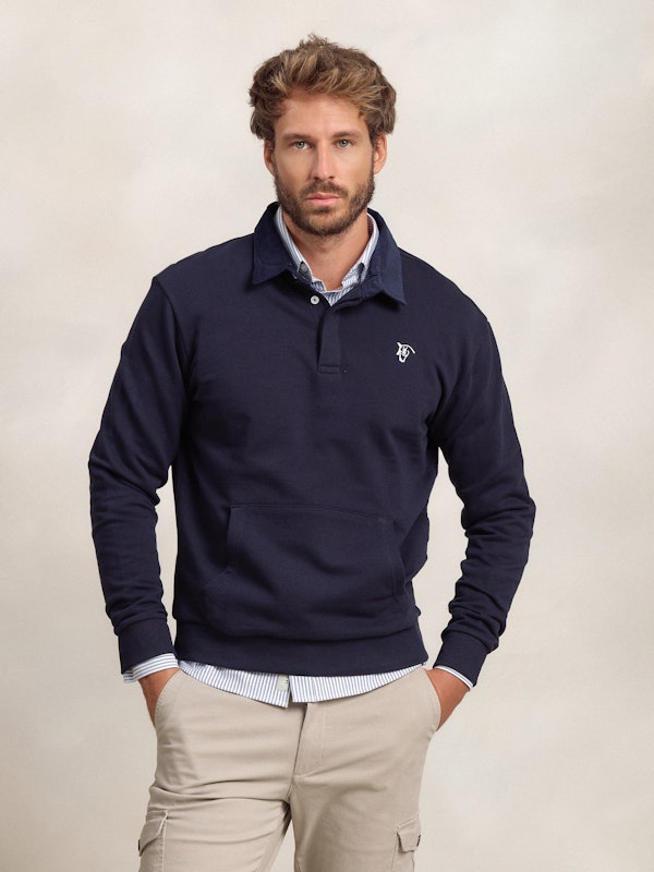 Sweat-shirt à Col Polo en velours Côtelé | Marino