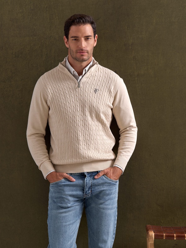 Suéter Trançado com Meio Zíper | Nude