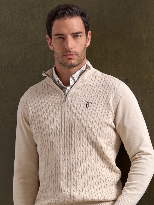 Suéter Trançado com Meio Zíper | Nude