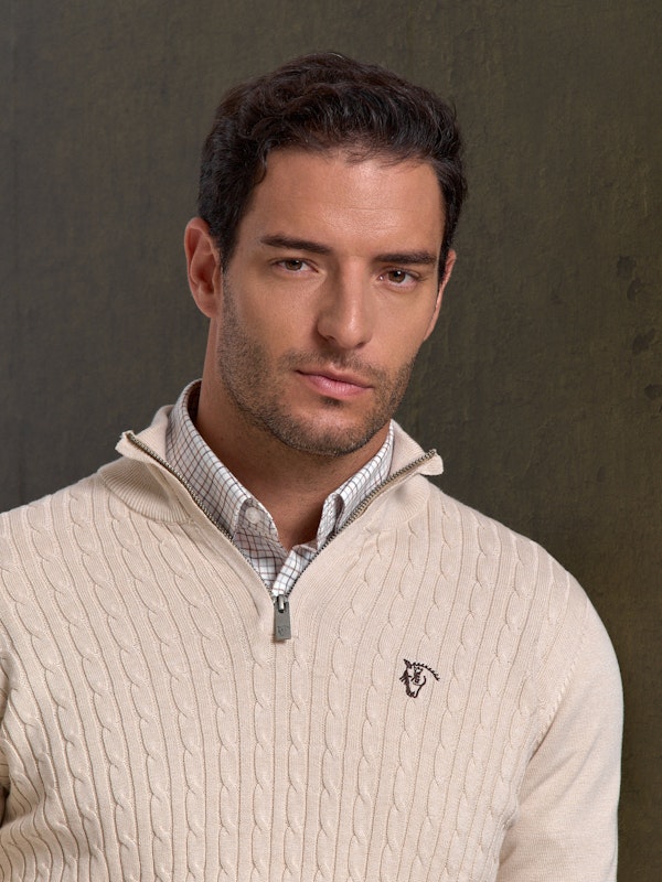 Suéter Trançado com Meio Zíper | Nude