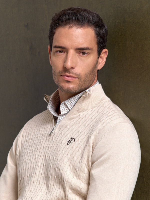 Suéter Trançado com Meio Zíper | Nude