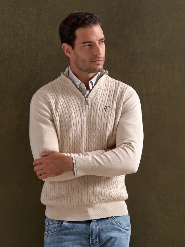 Suéter Trançado com Meio Zíper | Nude