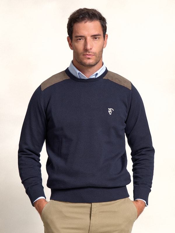 Round neck sweater with cordoduroy Detail | Marino