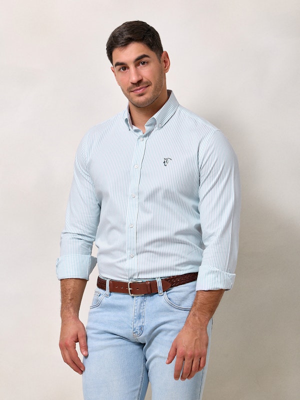 Camisa Oxford Listrada | Azul Celeste
